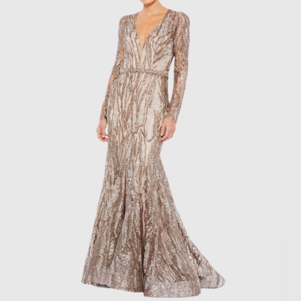 Mac Duggal Embellished Long Sleeve Plunge Neck Trumpet Gown In Taupe - Reemloy